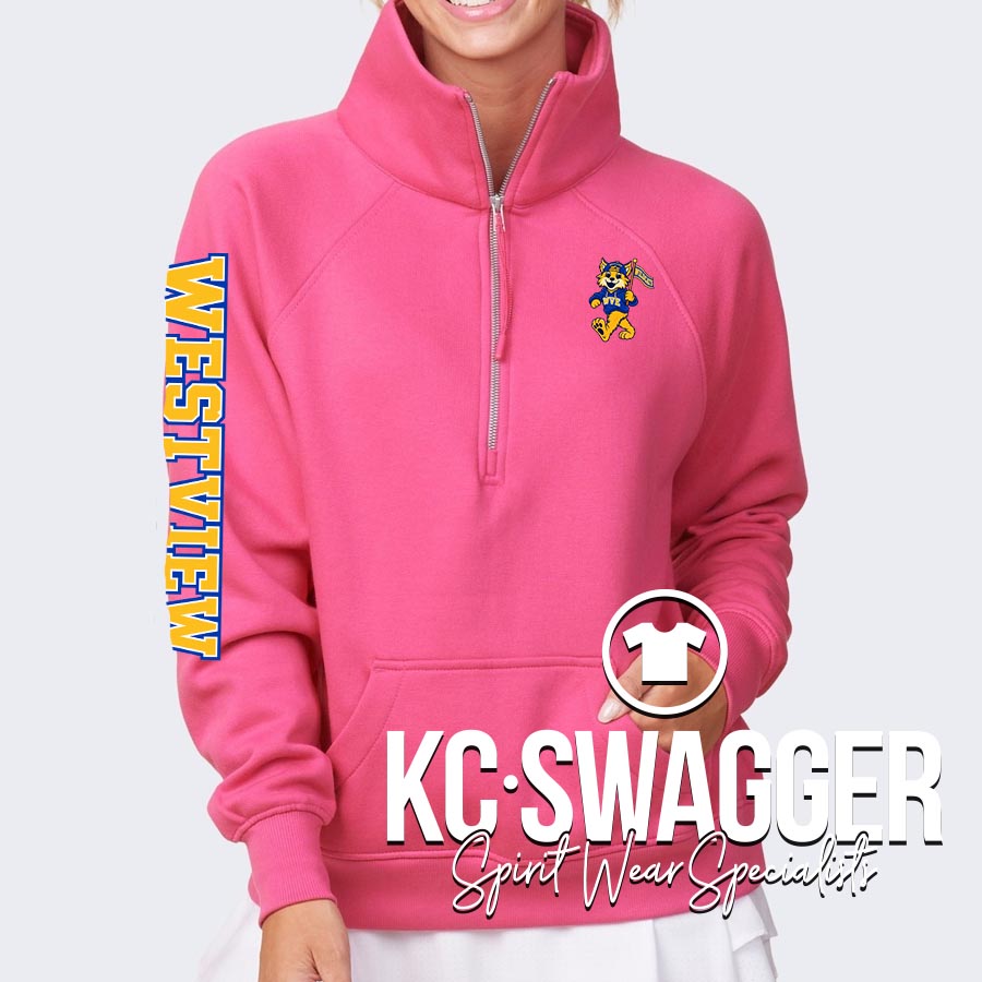WVE WILDCATS HOT PINK ENZA GIRLS AND LADIES BOXY HALF ZIP FLEECE