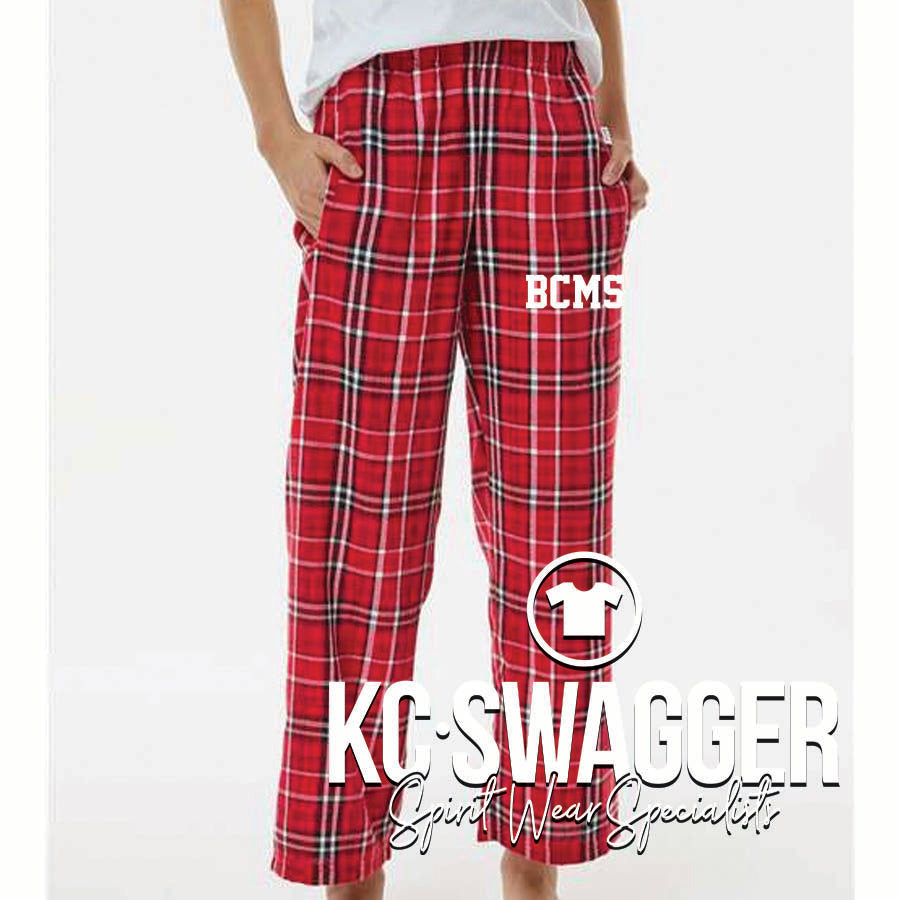 BCMS MUSTANGS RED AND WHITE PLAID BOXERCRAFT FLANNEL PANTS