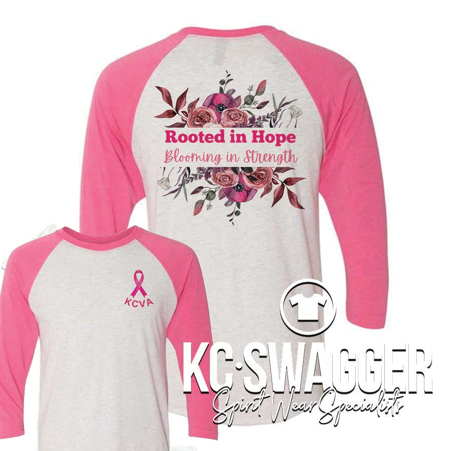 KCVA ROOTED IN HOPE PINK TRIBLEND NEXT LEVEL RAGLAN TEE