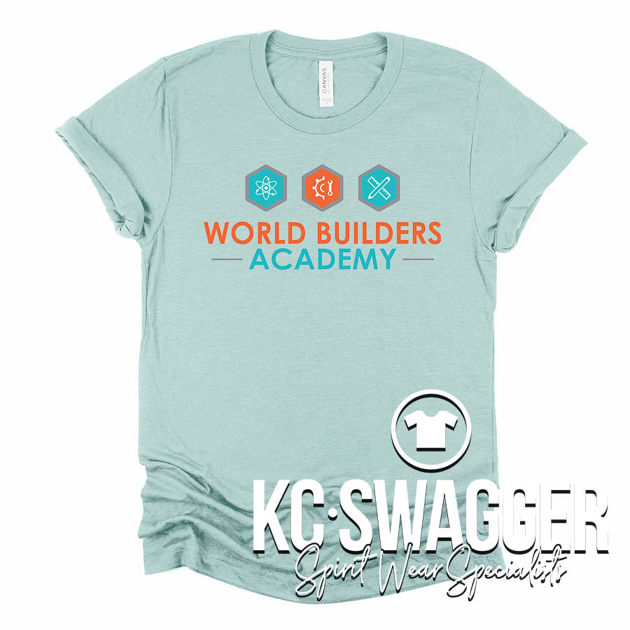 WORLD BUILDERS ACADEMY HEATHER DUSTY BLUE BELLA CANVAS TEE