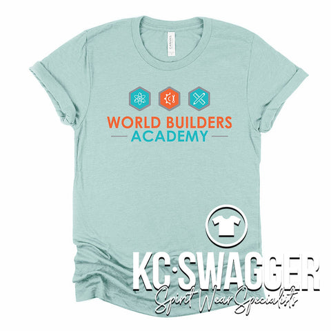 WORLD BUILDERS ACADEMY HEATHER DUSTY BLUE BELLA CANVAS TEE