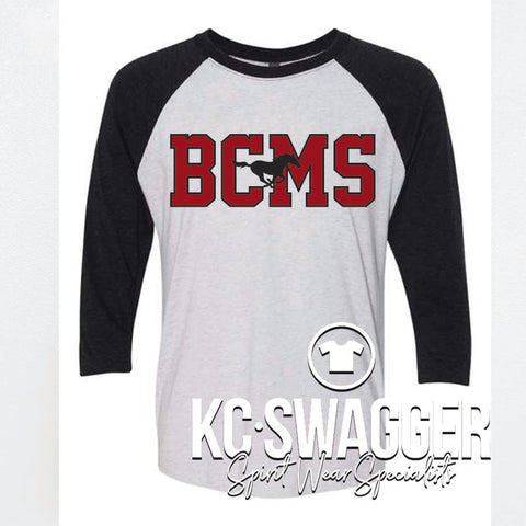 BCMS MUSTANGS BLACK TRIBLEND NEXT LEVEL RAGLAN TEE (ADULT ONLY)