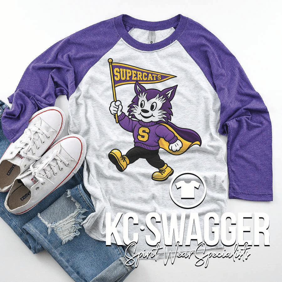 JLE SUPERCATS PURPLE NEXT LEVEL RAGLAN 3/4 LENGTH SLEEVE TEE (ADULT ONLY)
