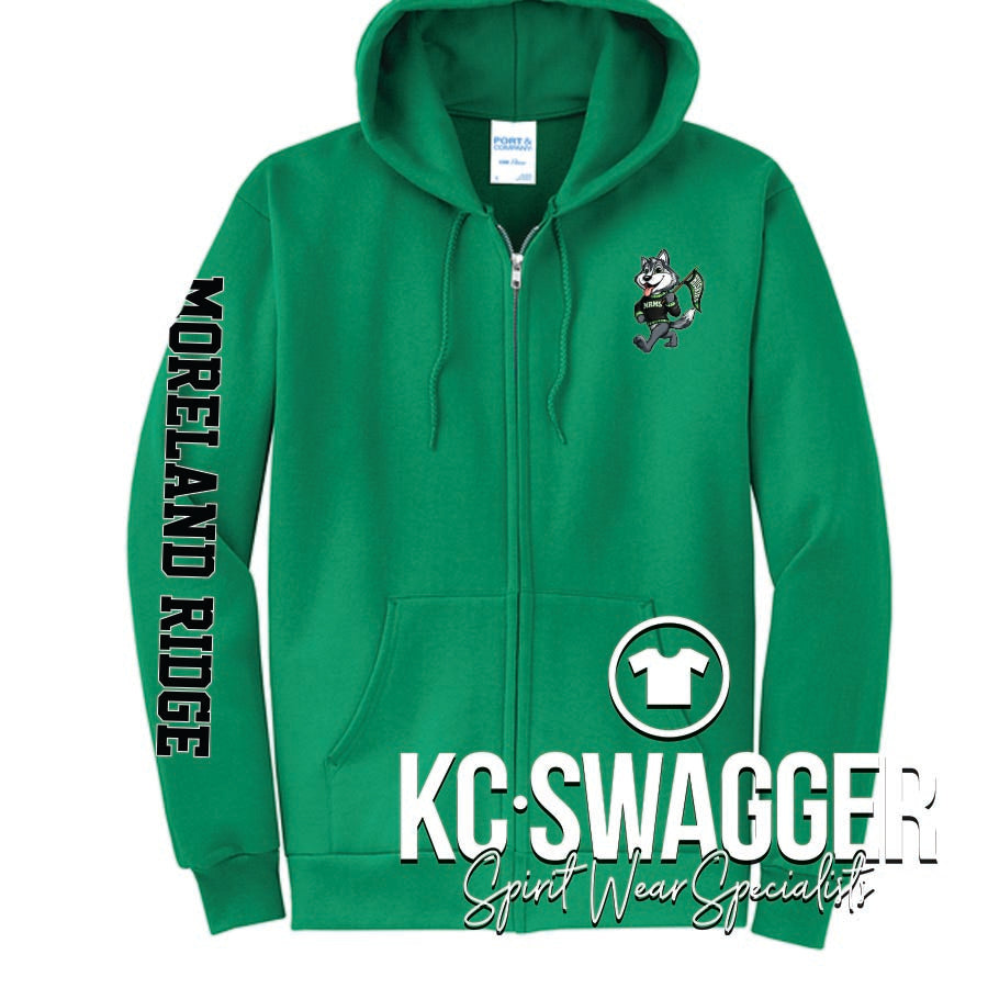 MRMS HUSKIES KELLY GREEN PORT AND CO FULL ZIP HOODED SWEATSHIRT