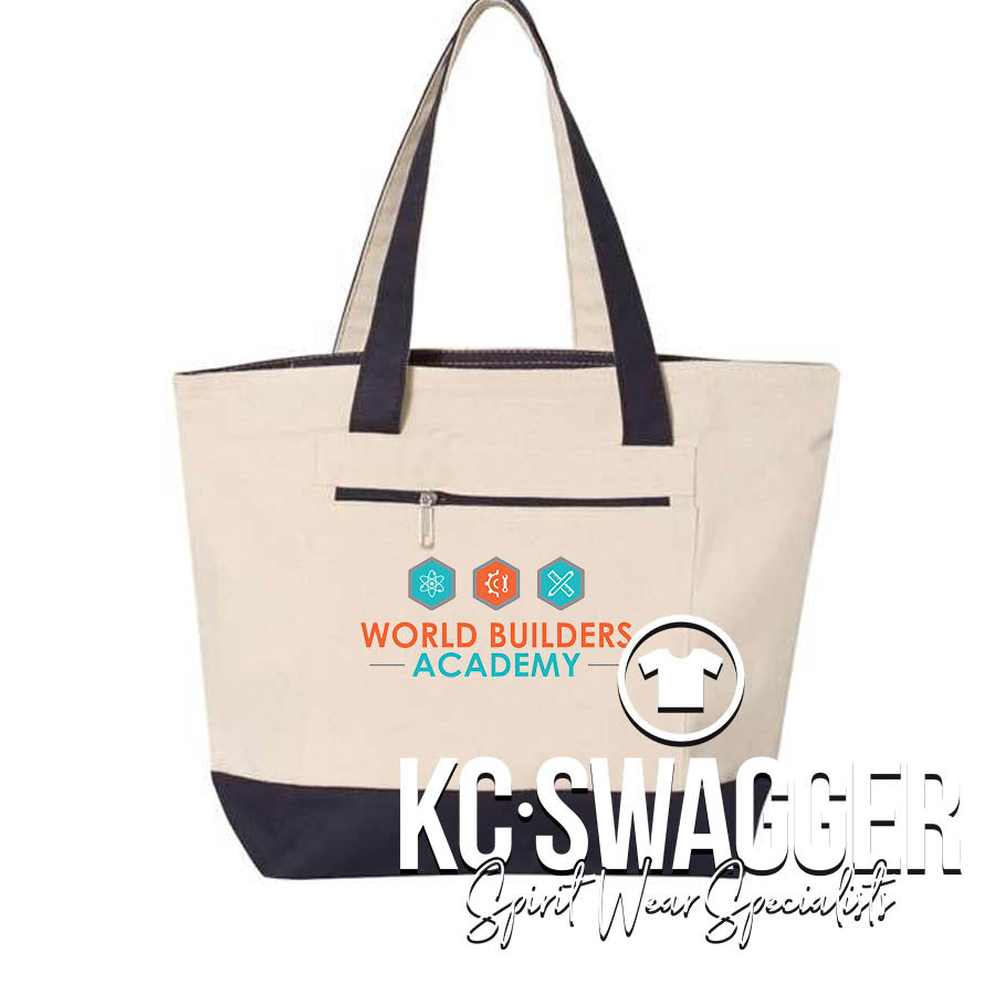 WORLD BUILDERS ACADEMY NATURAL AND NAVY ZIPPERED TOTE