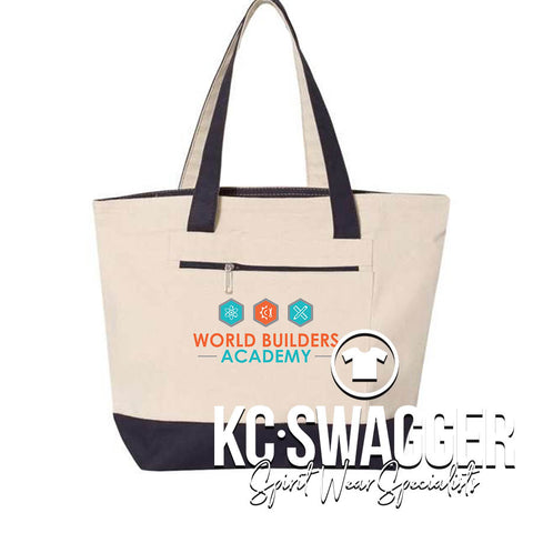 WORLD BUILDERS ACADEMY NATURAL AND NAVY ZIPPERED TOTE