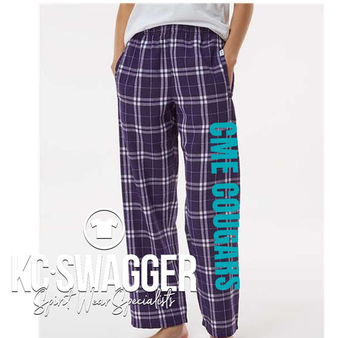 CME COUGARS PURPLE PLAID FLANNEL PANTS